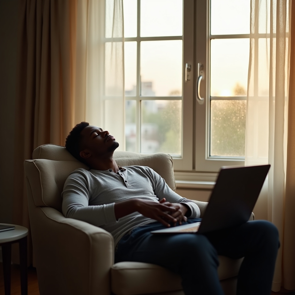 Professional taking a deliberate break from work, sitting in a bright comfortable chair near a window with eyes closed and hands resting, expressing intentional recovery