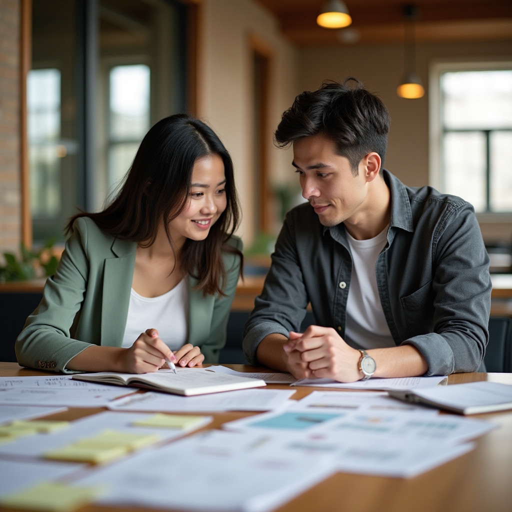 Two millennial professionals reviewing course curriculum documents at a large table in a warm-lit office with architectural windows
