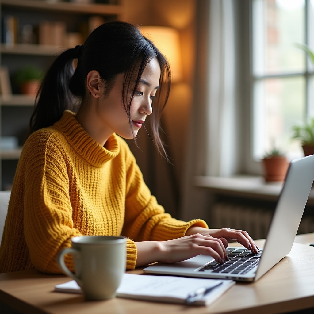 Professional adult reviewing an online course on a laptop at a modern desk with a warm-toned workspace and soft window light