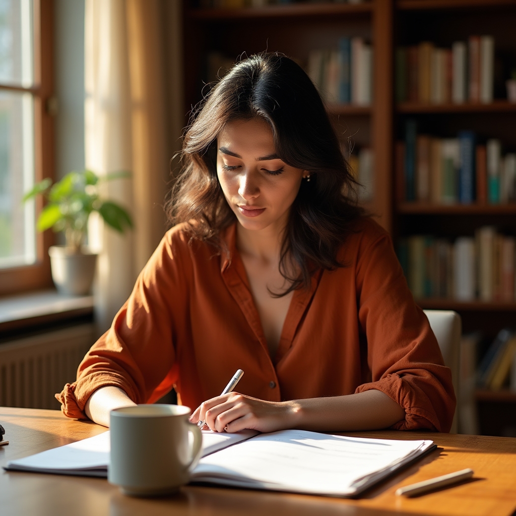 Working adult reviewing a structured weekly plan at a modern desk with natural light