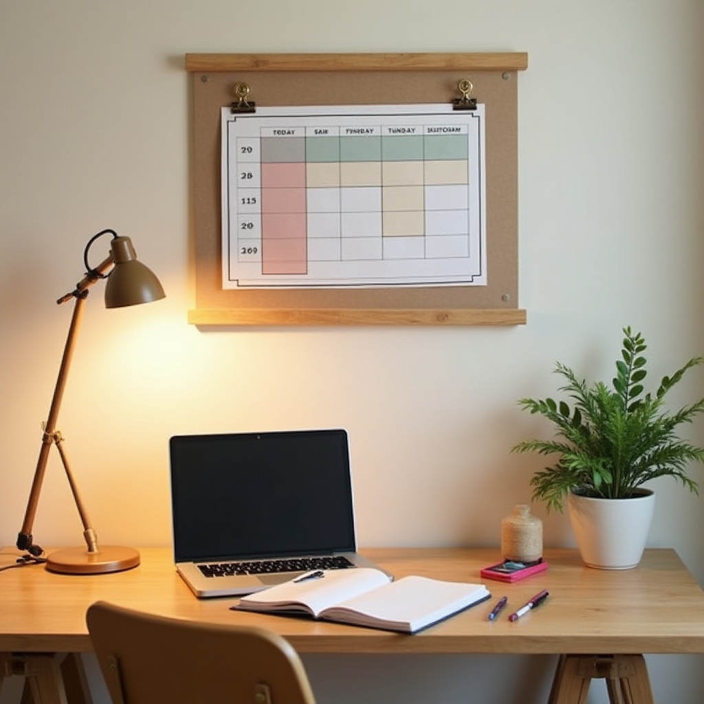 Organized home office workspace with a structured daily schedule pinned to a board and warm ambient lighting