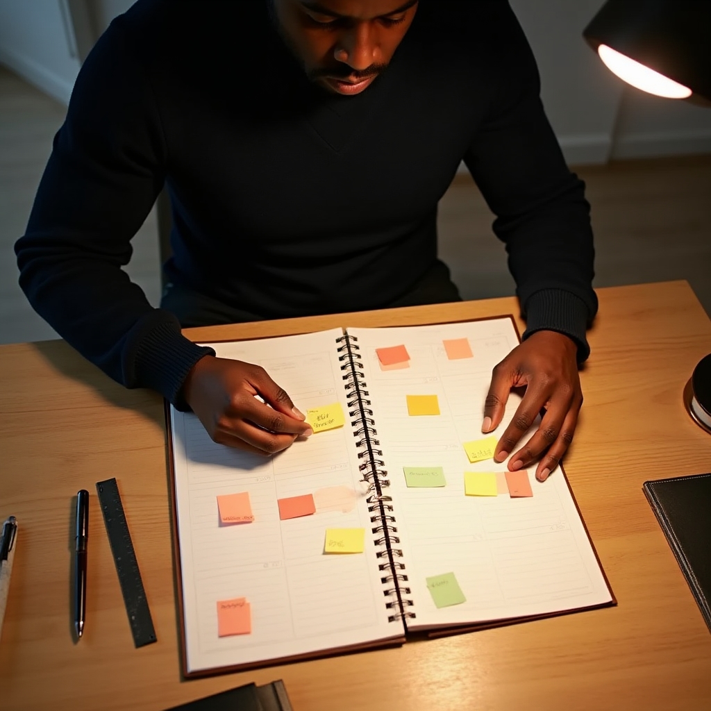 Person organizing a weekly planner with color-coded tasks and time blocks on a wooden desk